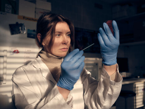 Industriefotografie: konzentrierte Gesichter, Hände in blauen Handschuhen, Licht im weißen Korridor – Momente, in denen Technik und Menschlichkeit aufeinandertreffen.