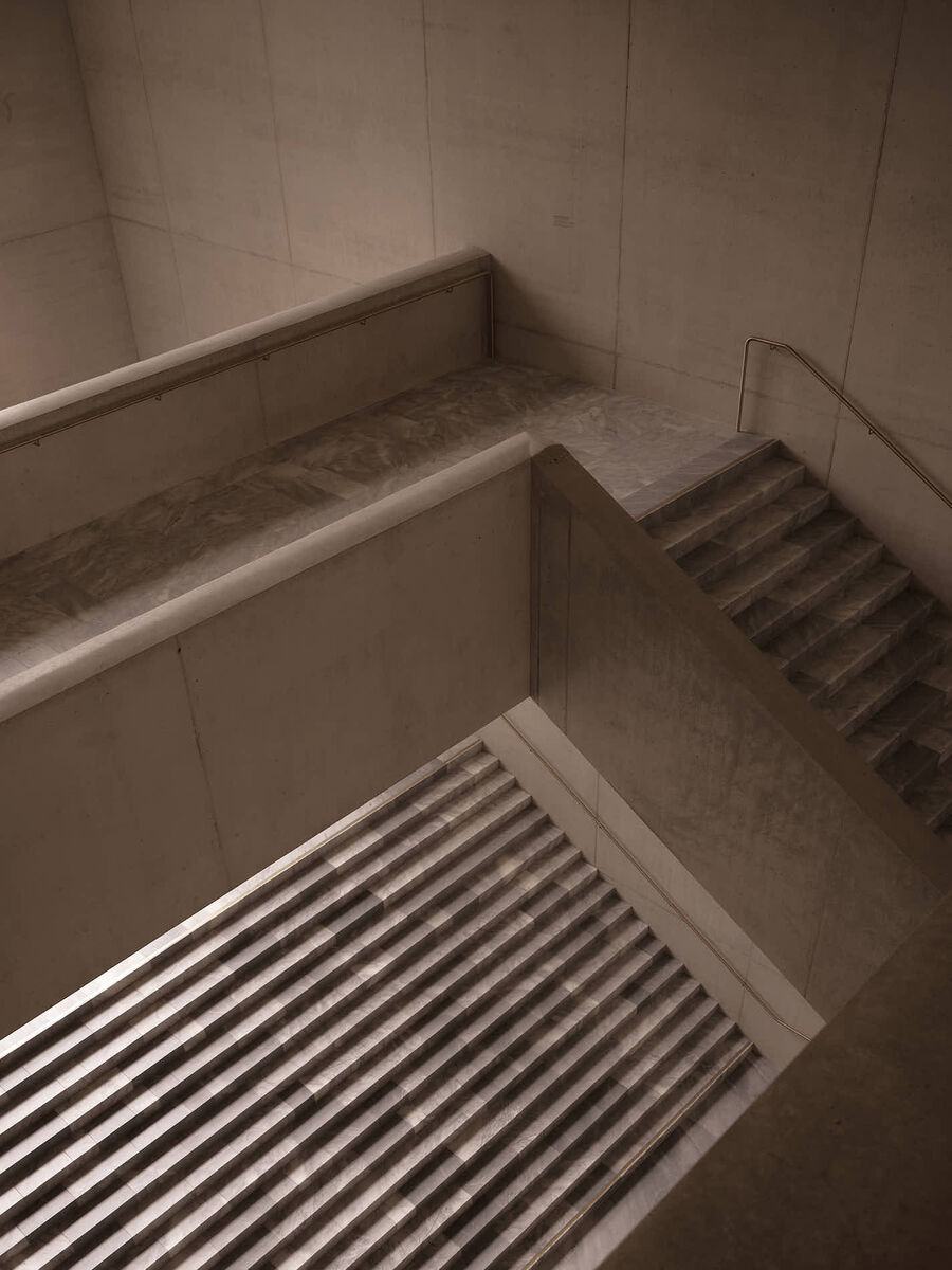 Architekturfotografie des Erweiterungsbaus des Kunsthaus Zürich von David Chipperfield Architects – Sichtbeton, Stein, Messing und Licht in klarer Komposition.